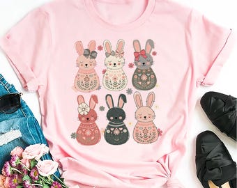 Coquette Easter Bunny Floral T-Shirt, Easter Bunny Shirt, Happy Coquette Easter Tee, Retro Easter Sweatshirt, Girly Easter Kids Bow