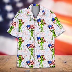 Alien Amerikaanse vlag Hawaiiaans shirt, grappig USA patriottische Aloha shirt, 4 juli shirt button-up, Independence Day outfit