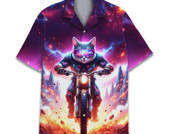Motorcycle Cat Hawaiian Shirt Unisex, Cyberpunk Neon Button Up Shirt, Futuristic Cat Print, Night Party Shirt, Gift For Biker Lovers