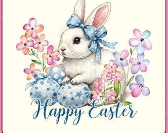 Happy Easter PNG, Grand Millennial Easter Png, Blue Floral Chinoiserie Bunny Png, Blue Toile Easter Rabbit Png, Girls, Easter Coquette Png