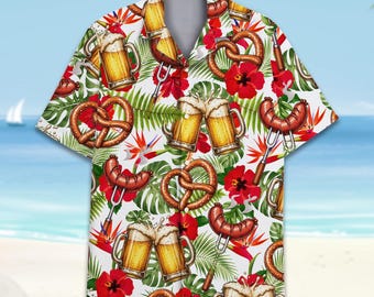 Beer Pretzel Hawaiian Shirt for Men Women Youth, Sausage Oktoberfest Aloha Shirt, Beer Lover Party Gift