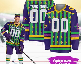 Custom Hockey Jersey with Name and Number, Personalized Mardi Gras Fleur De Lis Team Jersey, Mens Womens Sports Fan Gift