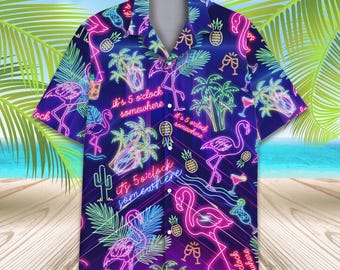 Neon Flamingo Hawaiian Shirt, Cocktail Party Button Up Shirt, It’s 5 O’Clock Somewhere Print, Night Party Shirt, Gift For Cocktail Lovers