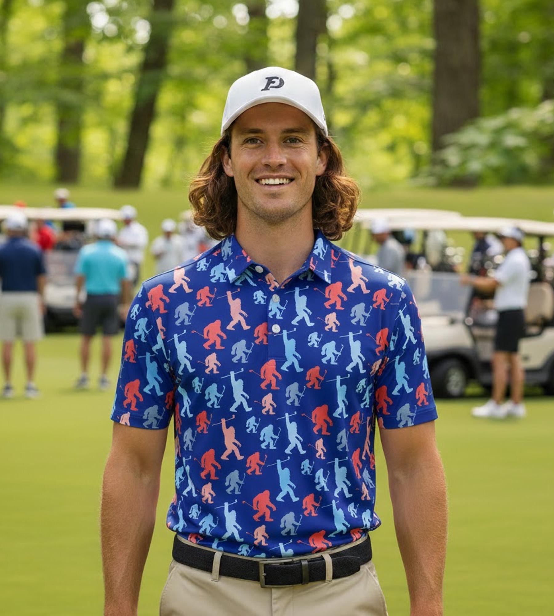 Discover Bigfoot Polo Shirt for Men and Women, Sasquatch Pattern Golf Tee, Short Sleeve Casual Top for Outdoor Activities