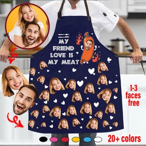 Custom Face Kitchen Apron Set, Funny My Friend Love Is My Meat Apron, Custom Face Oven Mitts & Pot Holder, Baking Gift for Mom, Chef Gift