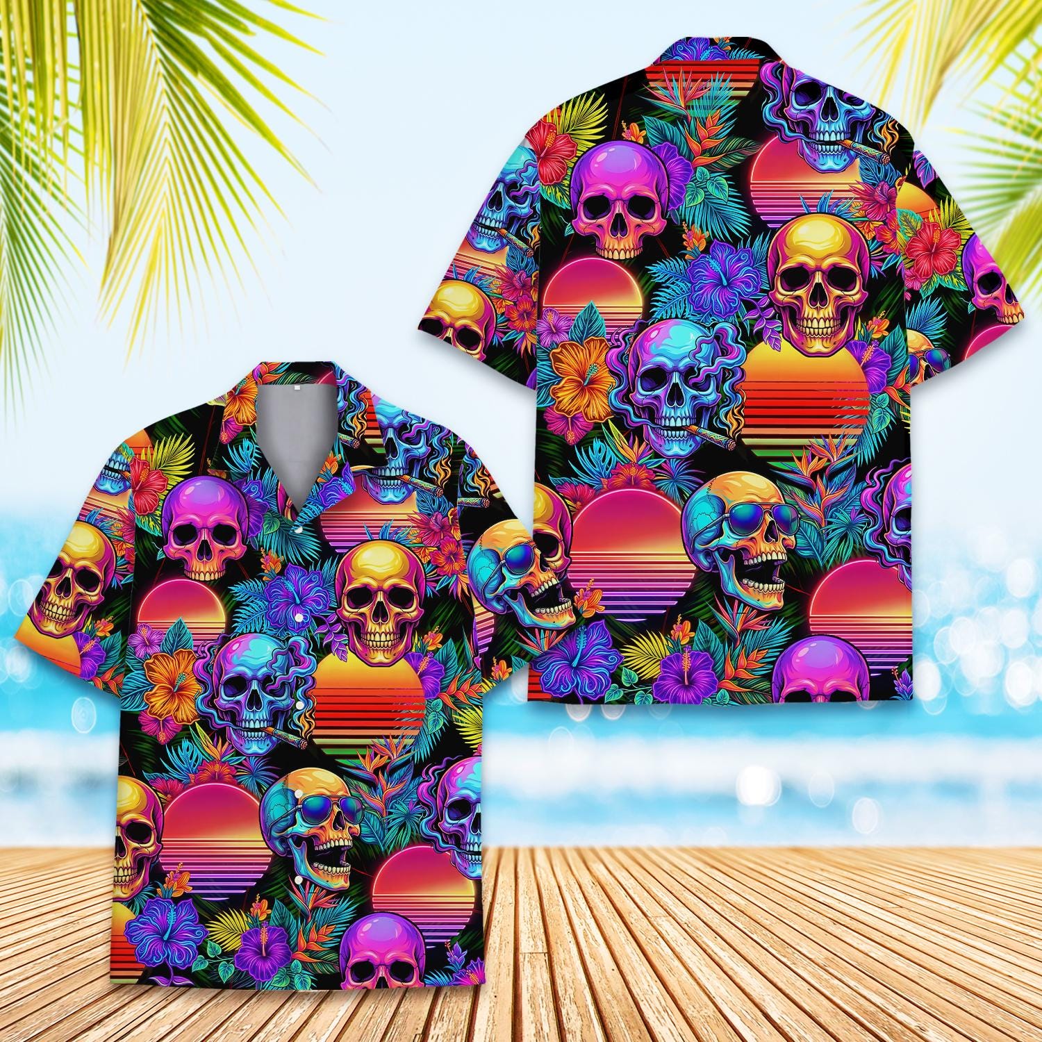 Discover Colorful Skull Hawaiian Shirt for Men and Women, Neon Gothic Aloha Retro Vaporwave Summer Outfit