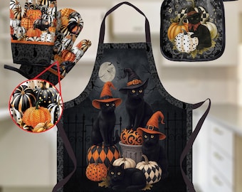 Griezelige Halloween-schort met zwarte katten in heksenhoeden en pompoenen – grappig herfstbakcadeau, gotisch keukendecor, kattenliefhebber heksenaccessoire