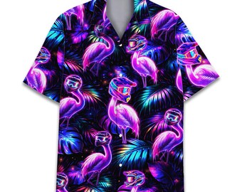 Cyber Flamingo Hawaiian Shirt, Neon Night Party Button Up Down Shirt, Futuristic Flamingo Print, Festival Shirt, Gift For Rave Lovers