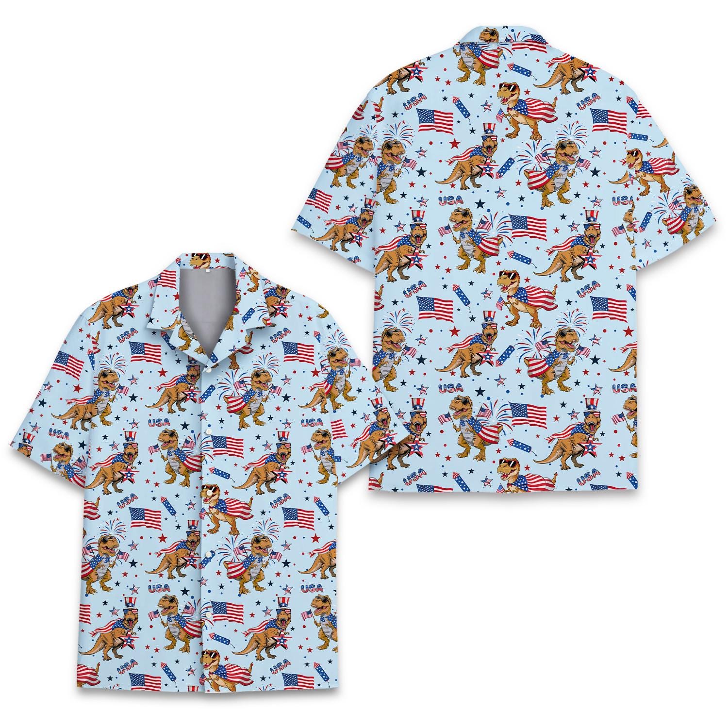 Discover Patriotic Dinosaur Hawaiian Shirt Men Women Youth, Funny USA T Rex Aloha Shirt, 4th of July Short Sleeve Button Down, Independence Day Shirt