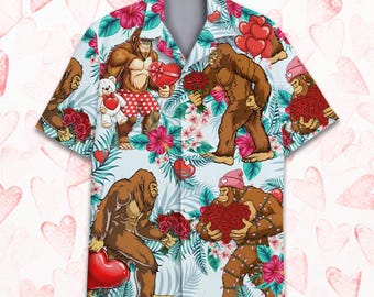 Valentine Bigfoot Hawaiian Shirt, Sasquatch Love Button Up Shirt, Romantic Floral Bigfoot Print, Valentine Party Shirt, Gift For Couple