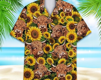 Camicia hawaiana con mucca delle Highlands e girasole per uomo, donna e ragazzi, graziosa camicia Aloha con mucca e bottoni, abbigliamento estivo rustico da fattoria con fiori