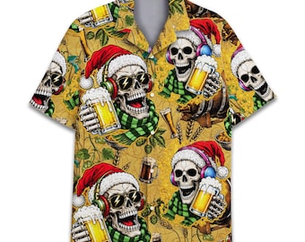 Christmas Skull Beer Hawaiian Shirt for Men Women Youth, Funny Santa Skeleton Button Up Shirt, Holiday Party Gift