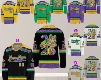 Camiseta de hockey con purpurina personalizada con nombre y número, camiseta personalizada del equipo Mardi Gras Fleur De Lis, regalo para fanáticos de los deportes para hombres, mujeres y niños.