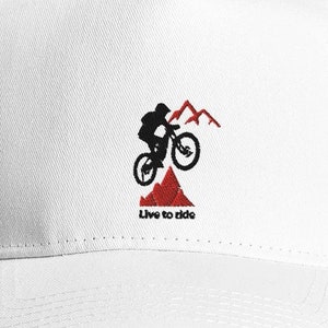 May include: White trucker hat with a black silhouette of a person riding a mountain bike over a red mountain with the text "Live to ride".