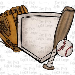 May include: A brown baseball glove, a brown wooden baseball bat, a white home plate, and a white baseball with red stitching.