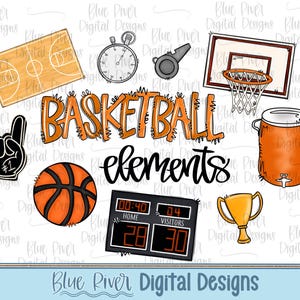 May include: A collection of basketball-themed digital elements, including a basketball court, stopwatch, whistle, hoop, foam finger, ball, scoreboard, trophy, and water cooler. The word "BASKETBALL" is in orange and black, with the word "elements" below it.