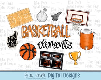 May include: A collection of basketball-themed digital elements, including a basketball court, stopwatch, whistle, hoop, foam finger, ball, scoreboard, trophy, and water cooler. The word "BASKETBALL" is in orange and black, with the word "elements" below it.