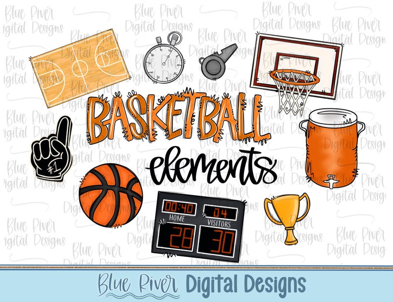 May include: A collection of basketball-themed digital elements, including a basketball court, stopwatch, whistle, hoop, foam finger, ball, scoreboard, trophy, and water cooler. The word "BASKETBALL" is in orange and black, with the word "elements" below it.