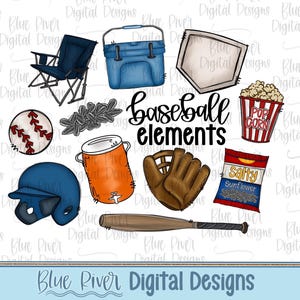 Può includere: Illustrazioni digitali a tema baseball. Include una palla da baseball, un casco, un guanto, una mazza, una borsa frigo, una sedia, popcorn, semi di girasole e un sacchetto di patatine. È presente anche il testo "baseball elements".