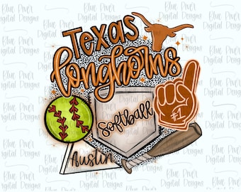 Longhorns PNG, softbol universitario PNG, softbol de Austin, imágenes prediseñadas de Longhorns dibujadas a mano, descarga digital, dtf de softbol de Au, sublimación