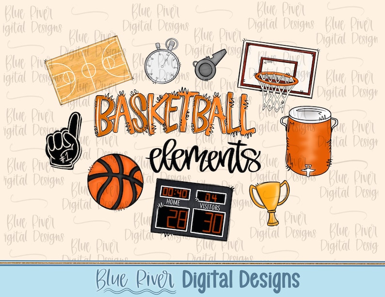 May include: A collection of basketball-themed digital elements, including a basketball court, stopwatch, whistle, hoop, foam finger, ball, scoreboard, water cooler, and trophy. The word "BASKETBALL" is in orange, and "elements" is in black.