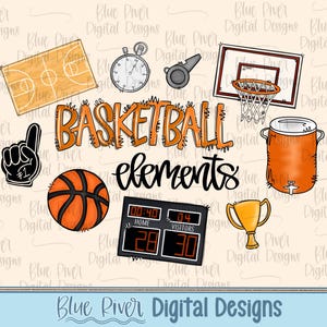 May include: A collection of basketball-themed digital elements. Includes a basketball court, stopwatch, whistle, hoop, foam finger, basketball, scoreboard, water cooler, and trophy. The word "BASKETBALL" is in orange, and "elements" is in black.
