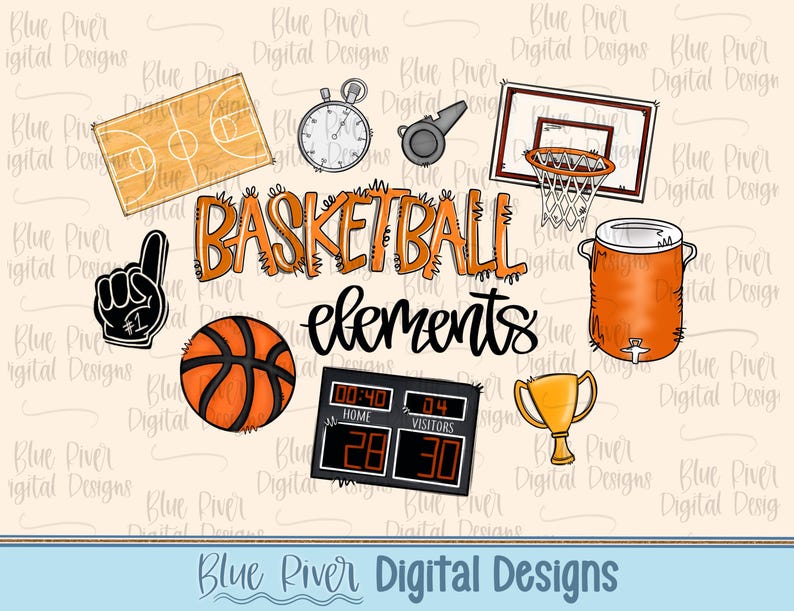 May include: A collection of basketball-themed digital elements. Includes a basketball court, stopwatch, whistle, hoop, foam finger, basketball, scoreboard, water cooler, and trophy. The word "BASKETBALL" is in orange, and "elements" is in black.