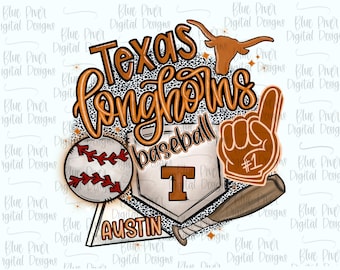 Longhorns PNG, béisbol universitario PNG, béisbol de Austin, imágenes prediseñadas de Longhorns dibujadas a mano, descarga digital, béisbol de Au DTF, sublimación