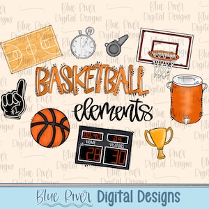May include: A collection of basketball-themed digital elements, including a basketball court, stopwatch, whistle, hoop, foam finger, ball, scoreboard, water cooler, and trophy. The word "BASKETBALL" is in orange, and "elements" is in black.