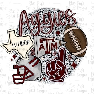 May include: A round, grey and white patterned design with the word "Aggies" in maroon lettering. The design also includes a maroon Texas shaped outline with the word "WHOOP", a maroon and white football helmet, a maroon and white football, a maroon and white hand with the number "1" and a maroon and white sign with the letters "ATM".
