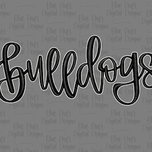 Könnte beinhalten: Schwarz-weißer stilisierter Text, der "Bulldogs" lautet. Der Text ist in einer Schreibschrift und hat einen 3D-Effekt.