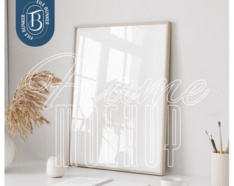 Studio Office Desk Stylized FRAME MOCKUP | Vertical Poster Mockup | Interior Wall Art Mockup | Window Reflection Gloss Finish | PSD and Jpg