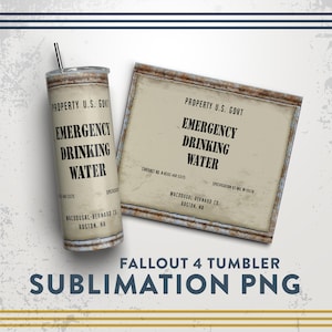 May include: A sublimation design for a tumbler featuring a vintage-style label that reads "PROPERTY U.S. GOVT EMERGENCY DRINKING WATER" with the text "CONTRACT NO. N N333 440 53115" and "SPECIFICATION EML W1-153128" below. The label is on a rusty metal background with a faded, worn look. The text "MACDOUGAL-BERNARD CO. BOSTON, NA" is at the bottom of the label.