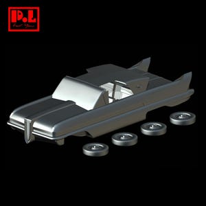 May include: A silver model car with detached wheels, set against a black background. The car features a sleek design with a prominent front grille and fins. The text "P.L. For You" is in the top left corner.