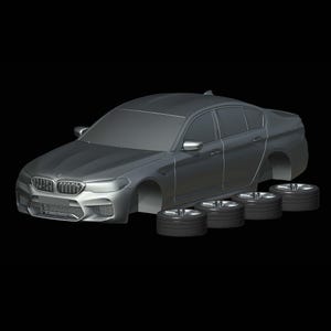 Peut inclure: Modèle de voiture berline argentée avec quatre roues détachées. La voiture a une calandre avant détaillée, des phares et des rétroviseurs latéraux. Les roues sont noires avec des jantes argentées. Le fond est noir.