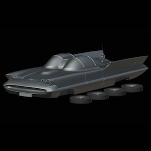 May include: A futuristic, silver-gray car with a streamlined design, featuring two bubble-shaped windows and a fin-like tail. Four detached black tires are positioned below the car. The car has a front grill and a small antenna.