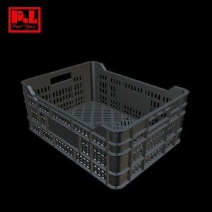 May include: A dark grey plastic crate with a rectangular shape and a grid pattern on the base. The sides have rectangular openings. The upper left corner has a red square with the text "P.L For You".