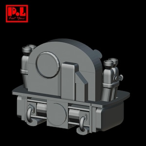 Puede incluir: Un modelo gris impreso en 3D de un componente de motor mecánico que presenta una carcasa circular central, tubos de escape cilíndricos verticales a ambos lados y estructuras de base rectangulares. El logo rojo con el texto P.L for You aparece arriba.