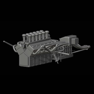 May include: A gray, 3D-rendered engine model with multiple cylinders, exhaust pipes, and a complex design. The engine has a series of intake stacks and a detailed cooling system, set against a black background.
