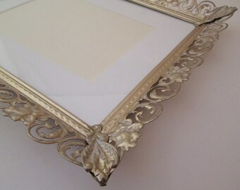 Vintage wedding frame, 8x10 frame, large metal picture frame, 10x12 frame, filigree frame, ornate frame, gold and white frame, frame 8x10