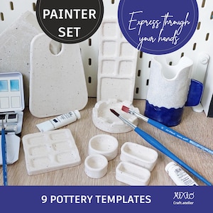 May include: A painter set with nine pottery templates. The set includes various white speckled ceramic pieces, paint tubes, paintbrushes, and a watercolor palette. The text on the image says "Painter Set" and "Express through your hands".