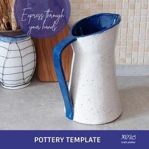 May include: White ceramic pitcher with a blue handle and rim, speckled with black dots. The pitcher has a curved handle and a spout. Text on the image reads "Express through your hands" and "POTTERY TEMPLATE".