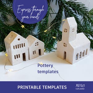 Puede incluir: Plantillas de cerámica imprimibles para hacer tres casas de cerámica. Las casas son blancas con un acabado moteado y tienen ventanas recortadas. El texto "Express through your hands" y "Pottery templates" es visible en la imagen.