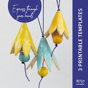 May include: Three printable templates for making ceramic flower wind chimes. The templates feature yellow and blue flowers with round beads in the centre.