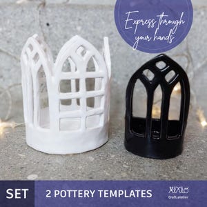 May include: Two pottery templates, one white and one black, with a gothic window design. The white template is on the left, and the black template is on the right. The text "Express through your hands" is in a circle above the templates.