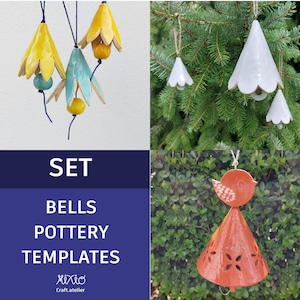 May include: A set of ceramic bells in various designs. The image includes yellow, blue, and white flower-shaped bells, and a red bird-shaped bell. The text "SET BELLS POTTERY TEMPLATES" is displayed on a blue background.