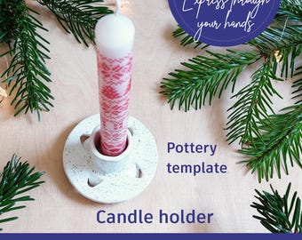 Könnte beinhalten: Druckbare Vorlage für einen Kerzenhalter aus Keramik. Die Vorlage hat eine weiße Basis mit einem gesprenkelten Design und eine runde Öffnung für eine Kerze. Der Text "Pottery template" und "Candle holder" ist auf dem Bild zu sehen. Der Text "Express through your hands" ist in einem blauen Kreis zu sehen.