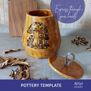 Peut inclure: Un modèle de poterie en céramique de couleur beige avec un motif de champignons. Le pot a un couvercle assorti avec une poignée en ficelle. Le texte "Express through your hands" est dans un cercle violet. Le texte "POTTERY TEMPLATE" est en bas.