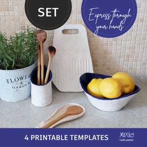 May include: Set of four printable templates for ceramic pottery projects. The templates include a spoon rest, a utensil holder, a serving bowl, and a cutting board. The designs feature a speckled white glaze with a blue rim.