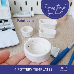 May include: A collection of four speckled white pottery templates for painting. The templates include a round bowl, a small cylindrical container, and two rectangular dishes. The image also includes paint pans and the text "Express through your hands."